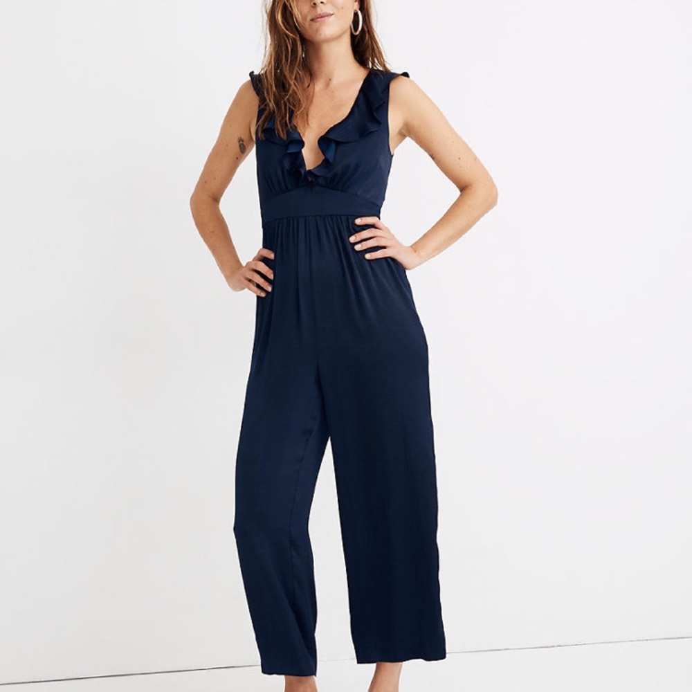 Madewell Satin Ruffle-Neck Jumpsuit in Navy